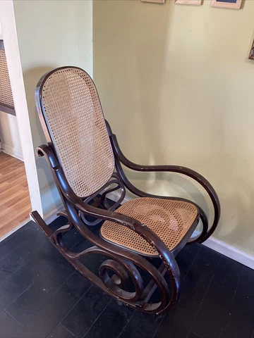 Vintage Mid Century Modern Oak Cane & Bentwood Rocking Chair Rocker Thonet Style Cover