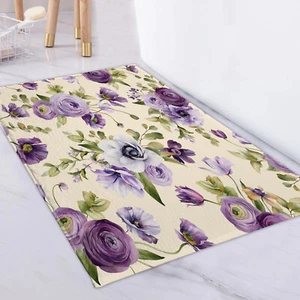 Botanical Purple Rose Floral Beige Rug Mat Bedroom Carpet Living Room Area Rugs - Picture 1 of 12