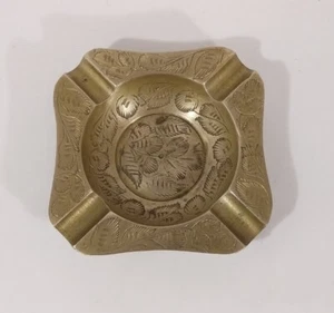 Vintage Solid Brass square Ashtray Etched Embossed Floral Engraved Made In India - Picture 1 of 4