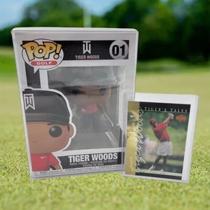 Neu im Karton Tiger Woods Funko Pop [rotes Shirt] #01 & Upper Deck 2001 Tiger's Tales Karte - Bild 1 von 8