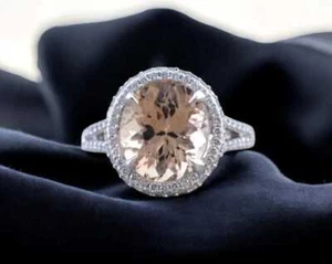 14k White Gold Natural Pink Morganite and Diamonds Split Shank Halo Wedding Ring - Picture 1 of 4