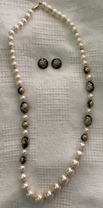 COLLANA VINTAGE CLOISONNE PERLINE E PERLE FINTE 28" CON ORECCHINI ABBINATI - Foto 1 di 4