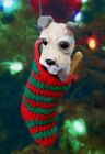Schnauzer with Dog Bone in a Red & Green Knit Christmas Stocking Ornament 3 1/8"