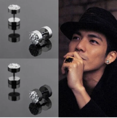 2Pcs Black Silver Men's Barbell Punk Stainless Steel Crystal Ear Studs Earrings - Image 1 of 2