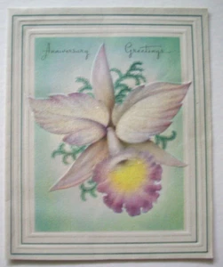 Biglietto di auguri anniversario vintage in rilievo orchidea glitterata *UU25 - Foto 1 di 3