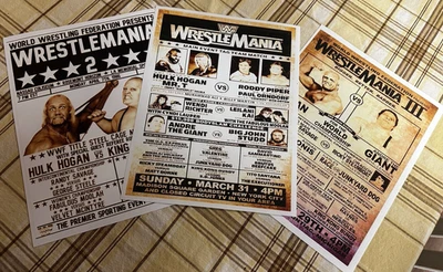 Pósters de tarjetas de evento WWF WrestleMania 1, 2, 3 Hulk Hogan, Andre The Giant y más Foto 1 de 4