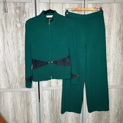 St. John Conjunto de 2 Piezas Pantalones y Chaqueta Mujer 4 Color Verde Cremallera Completa Pierna Ancha Tejido Foto 1 de 4