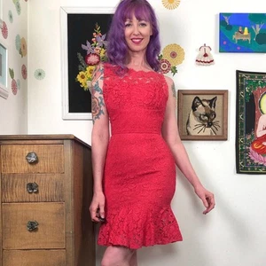 Vintage Red Lace Wiggle Dress, 1950s Cocktail Dress with Fishtail Hem, Size XS - Picture 1 of 10