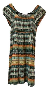 Boho Smocked Midi Dress Multicolor Tie Dye Ikat Print Cap Sleeve- Flawed See Pic - Picture 1 of 12
