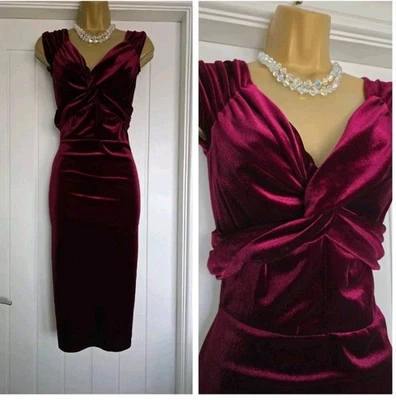 Vintage 1940s 1950s Style Stretch Wine Velvet Party Christmas Pencil Dress 10 12 - Image 1 of 4