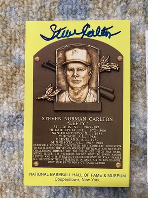 Steve Carlton Signed Gold HOF Plaque Postcard Yellow Autograph Phillies JSA - Image 1 of 4