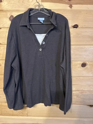 Liz&Me 女式 2X 棕色灰色亨利衬衫长袖棉混纺 — 第 1/4 张图片