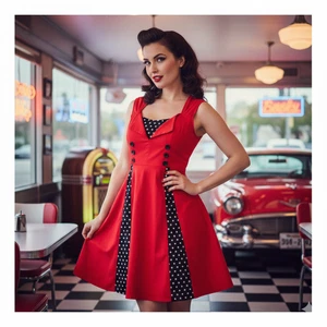 Abito Pinup Bambina XL Rosso Nero Bianco Pois Rockabilly Retrò Swing Elasticizzato - Foto 1 di 10
