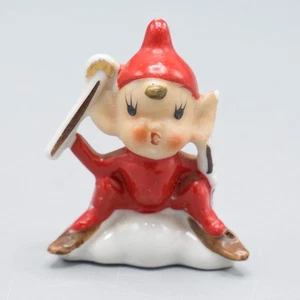 Vtg 2.5" Red Pixie Elf with Ski Poles Christmas Figurine Skiis Fell Down Japan - Picture 1 of 12