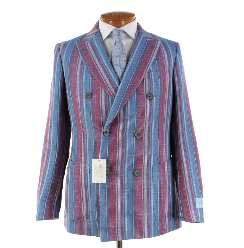 Abrigo deportivo Belvest nuevo con etiquetas mezcla de lino doble botonadura talla 52R 42R azul a rayas EE. UU. Foto 1 de 4