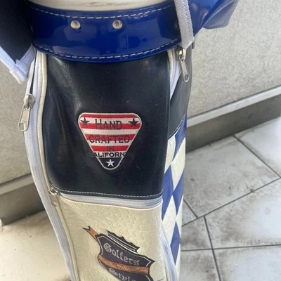 BELDING GOLF CART Staff Bag WHITE × BLUE CHECK RARE Vintage Leather USED JAPAN - Photo 1/4