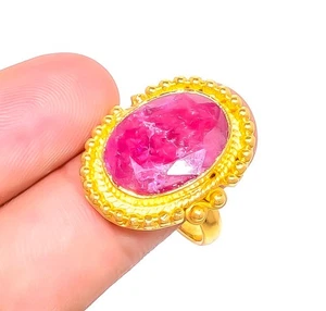 Ruby (Simulated) Gemstone Antique 18k Yellow Gold Plated Ring s.9.5 R7623-161 - Picture 1 of 4