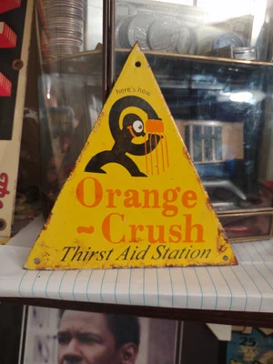 LETRERO DE METAL PORCELANA GASÓLEO SODA POP TRIÁNGULO NARANJA CRUSH VINTAGE Foto 1 de 4