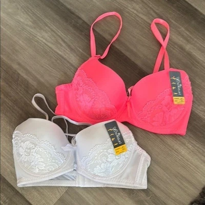 NEW Lukasi bra (2) neon pink white 30A small bust chest women’s lace bundle NWT - Image 1 of 4