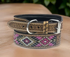 Western Leather Beaded Handmade Pet Dog Collar Heavy Duty Hand Tooled Adjustable - Picture 1 of 7