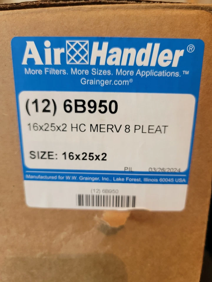 AIR HANDLER 6B950 Pleated Air Filter,16x25x2,MERV 8 6B950 Free Ship Lower 48 - Image 1 of 4