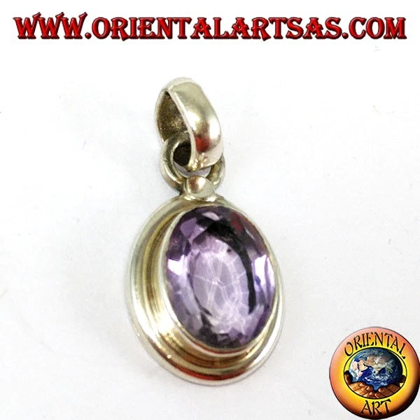 Ciondolo in argento 925 con ametista  naturale ovale con montatura semplice - Immagine 1 di 1