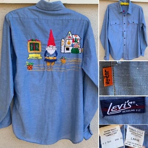 Vintage Levi’s Chambray Shirt Embroidered Gnome Gnomes Western Work Orange Tab L - Picture 1 of 12