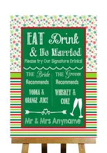 Personalisiertes Hochzeitsschild rot & grün Winter Weihnachten Lieblingsgetränke - Bild 1 von 8