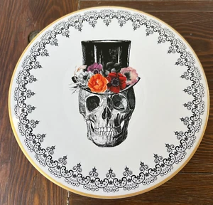 NEW Halloween Day of Dead Skull Cake Stand w/Gold Trim by Harvest Green Studio - Picture 1 of 8