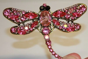 Pink Rhinestone Dragonfly Brooch Faceted Glass Aurora Borealis Gold Tone Figural - Picture 1 of 9