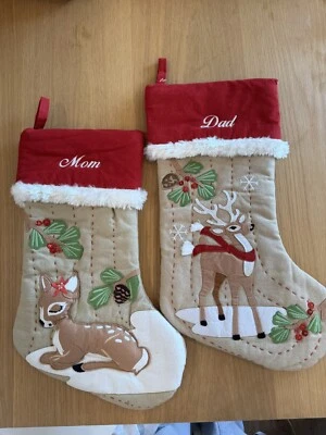 POTTERY BARN KIDS - 2 - WOODLAND BABY REINDEER & FAWN 圣诞袜 爸爸妈妈 — 第 1/4 张图片