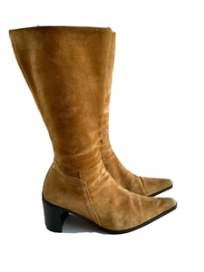 Zu long pointy toe block heel butterscotch suede boots size 7 - Picture 1 of 14
