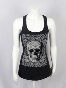 Womens Vocal Sexy Black Fancy Skull With Stone Design Sleeveless Tank Top - Picture 1 of 4