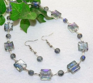 Schmuckset Halskette Ohrringe Perlen Glas Strass grau AB Modeschmuck 093f - Bild 1 von 8