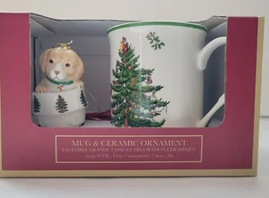 Spode Christmas Tree Holiday Tasse und Keramik Welpe im Stiefel Ornament Set NEU - Bild 1 von 5