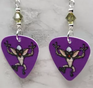 Gremlins Stripe Guitar Pick Earrings with Green Swarovski Crystals - Picture 1 of 4