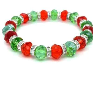 Green & Red Faceted Resin Crystal Beaded Stretch Bracelet Austrian Czech CZ - Picture 1 of 3