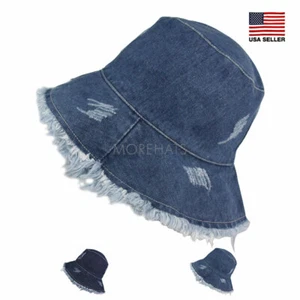 Distressed Denim Vintage Cotton Bucket Hat Hiking Casual Beach Sun Women Men - Picture 1 of 9