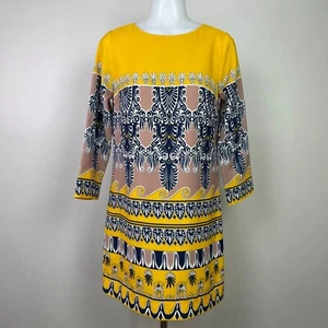 J. Crew Dress 0 Yellow Navy Blue 3/4 Sleeve Gallery Printed Shift Women's - Picture 1 of 12
