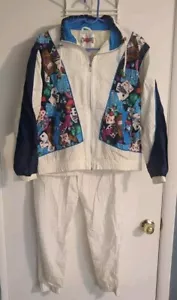 VTG 90s Active Frontier Women's White Blue Windbreaker Suit Petite Medium - Picture 1 of 9