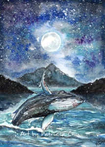 ACEO LE Art Card Print 2.5"x3.5" " Dance Under The Moon " Whale Art by Patricia - Foto 1 di 1