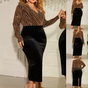 PLUS SIZE Sexy Womens Sequin Velvet V Neck Bodycon Dress Cocktail Midi Dresses - Picture 1 of 15