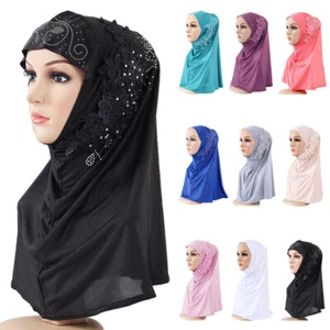 Women Muslim Flower Hijab Lace Headscarf Wrap Cover Islamic Amira Arab Shawls - Picture 1 of 23