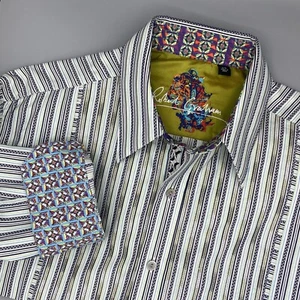 Robert Graham langärmeliges Herrenhemd gestreift Flip-Manschette Gr. Large weiß/Aqua/Limette - Bild 1 von 13