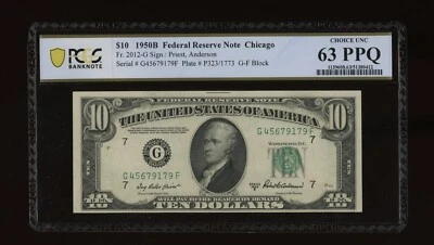 DBR 1950-B $10 Chicago Fr. 2012-G PCGS-B 63 PPQ Serial G45679179F - Image 1 of 2