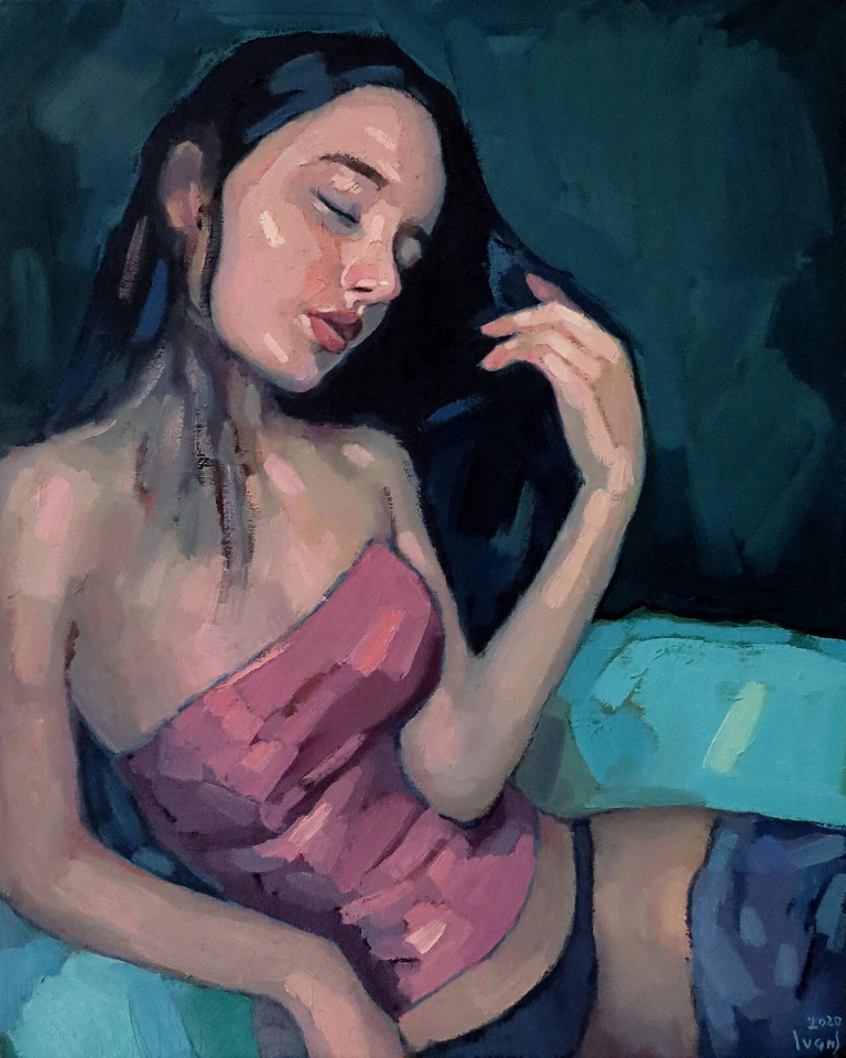 Young Girl Sexy Women Teen Figure Body Dream Underwear Stocking Painting Oil Art - Image 1 of 1