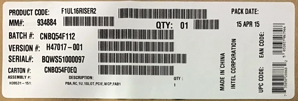 Intel F1UL16RISER2 1 slot 1U Spare Riser NEW BULK PACKAGING - Image 1 of 1