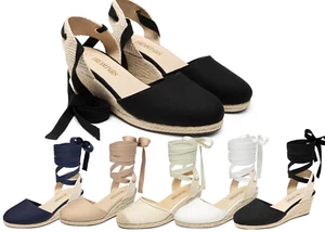 Women Espadrilles Sole Wedge Sandals Close Toe Lace Up Vacation Dress Sandals - Picture 1 of 32