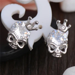 Round Lab-Created Moissanite Crowned Skull Skeleton Stud Earring Gold Plated - Picture 1 of 4