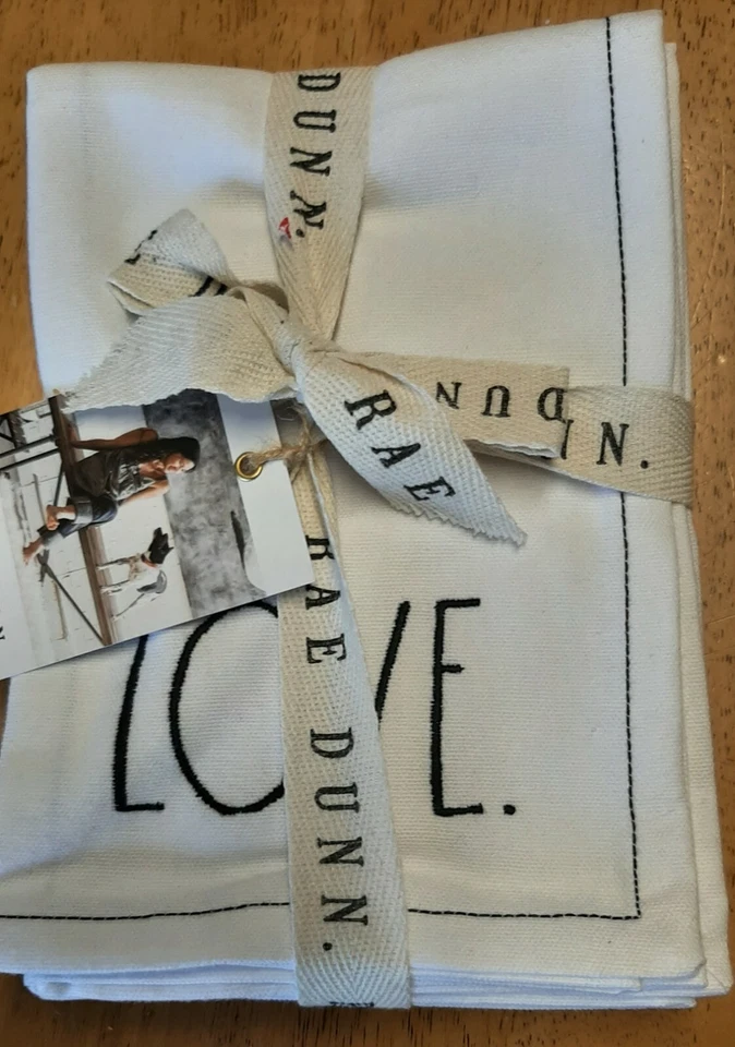 NWT Rae Dunn Embroidered LOVE White / Black Cloth Cotton Napkins Set of 4  - Image 1 of 1